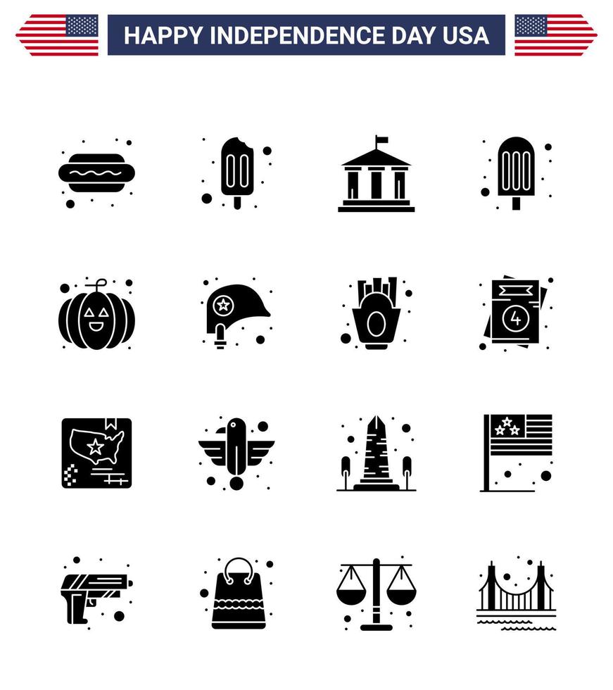 Solide Glyphenpackung mit 16 USA-Unabhängigkeitstag-Symbolen des Kopfkürbis-Flaggenlebensmittels Lebensmittel editierbare USA-Tag-Vektordesign-Elemente vektor