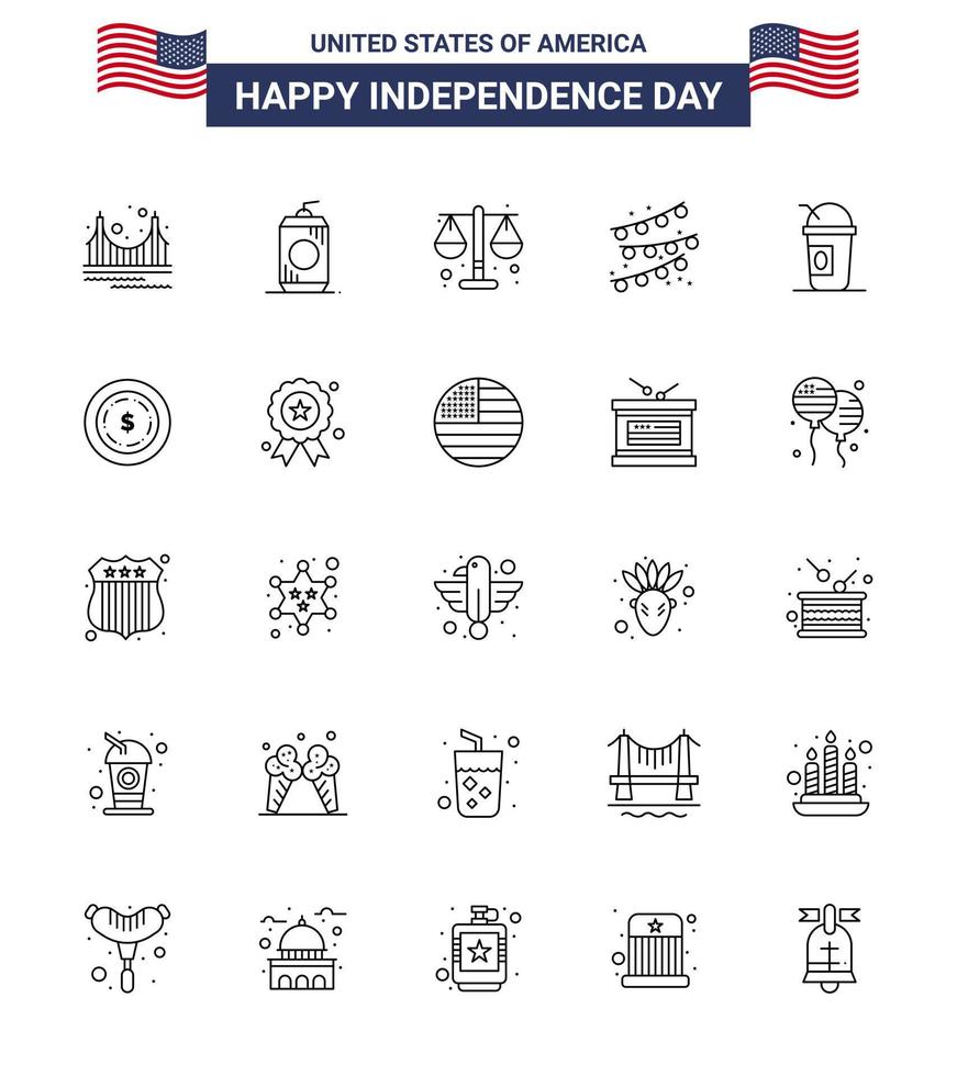25 USA linje tecken oberoende dag firande symboler av amerikan fest Glödlampa USA fest dekoration skala redigerbar USA dag vektor design element
