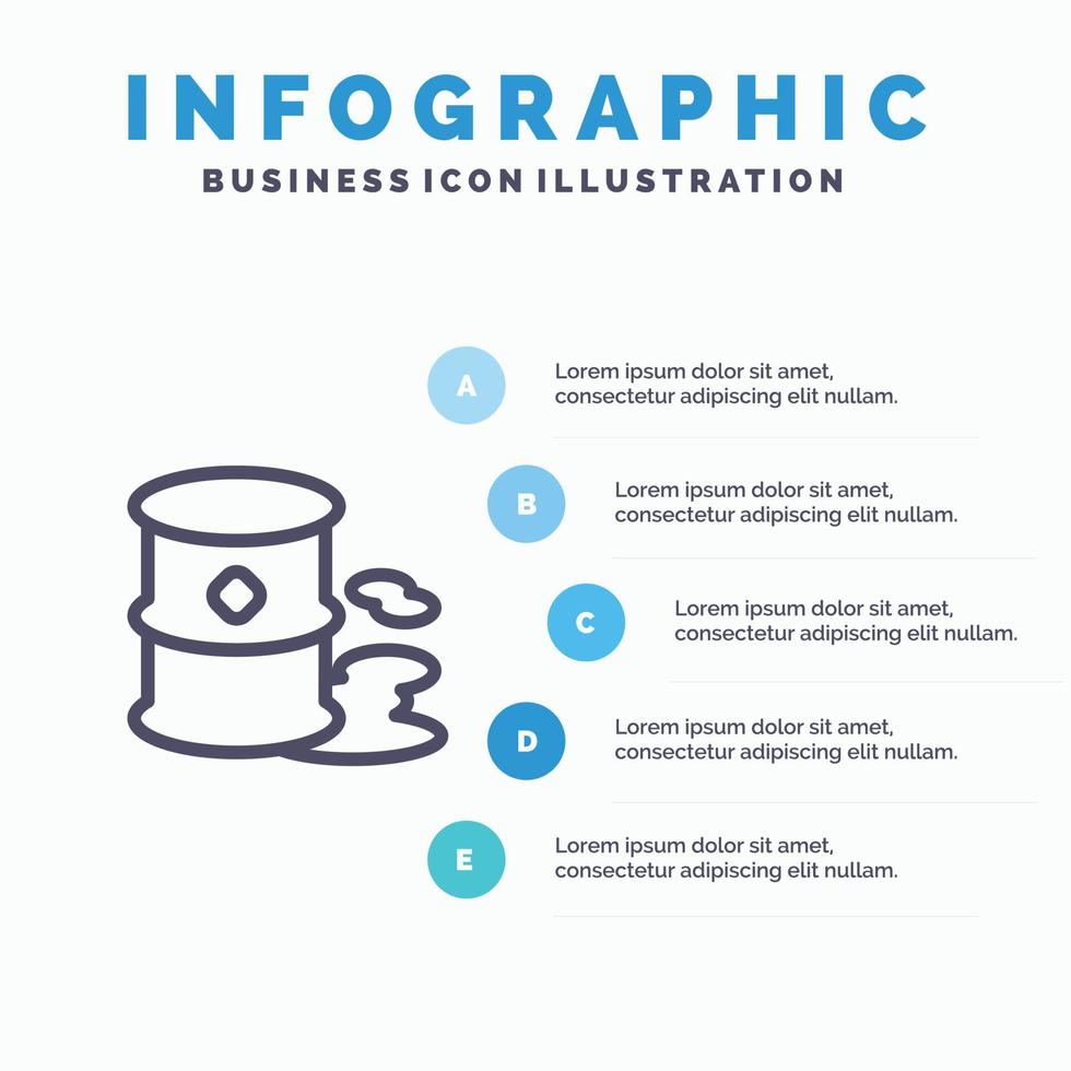 Fässer Umwelt Müll Umweltverschmutzung Liniensymbol mit 5 Schritten Präsentation Infografiken Hintergrund vektor