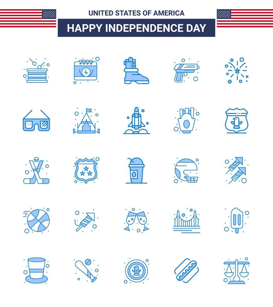 Usa Happy Independence Day Piktogramm Set von 25 einfachen Blues of Fire Weapon Day Army Gun editierbare Usa Day Vektor Design Elemente