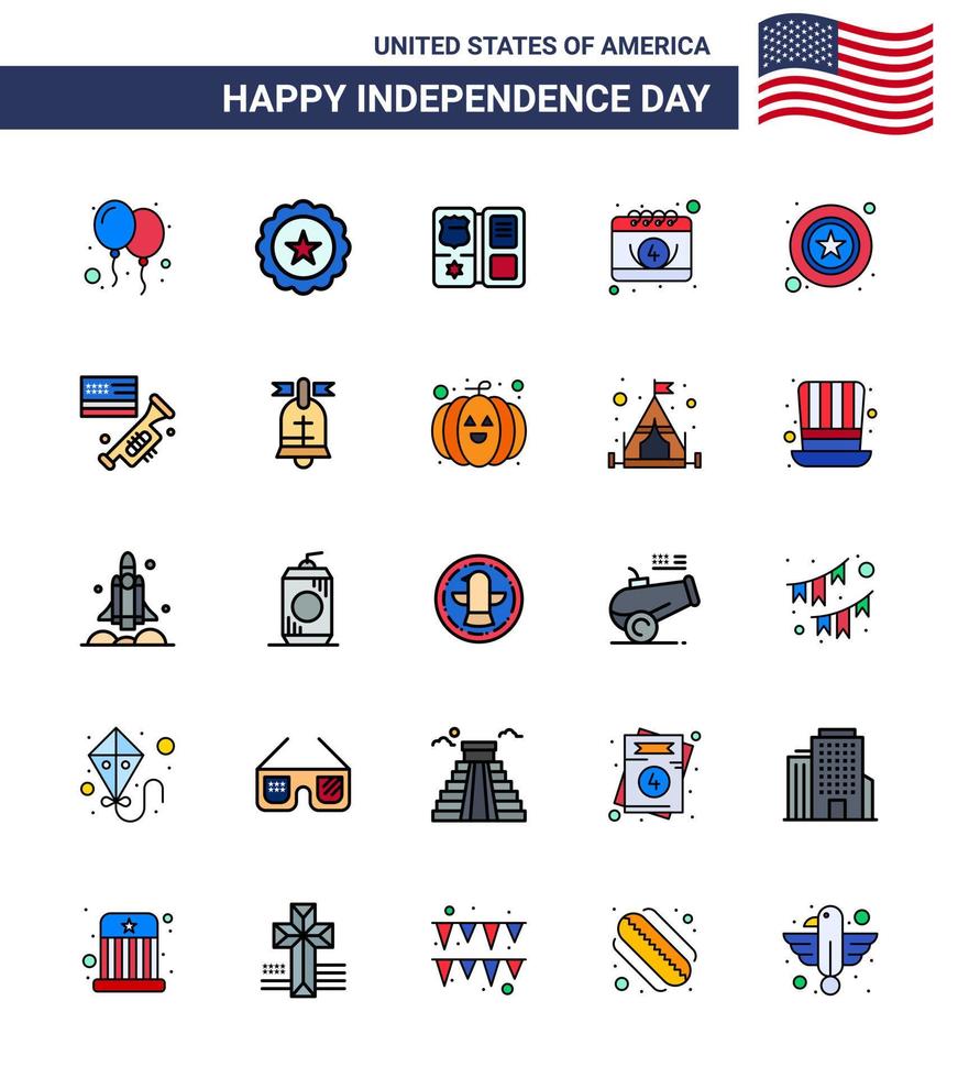 USA Lycklig oberoende dag piktogram uppsättning av 25 enkel platt fylld rader av polis dag bok datum amerikan redigerbar USA dag vektor design element