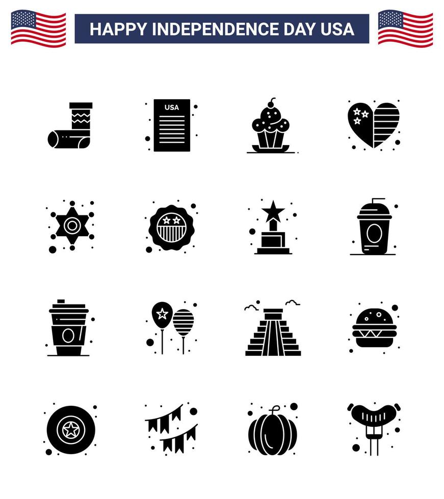 Stock Vector Icon Pack von American Day 16 Solid Glyph Zeichen und Symbole für die Polizei Usa Dessert Flagge Herz editierbare Usa Day Vektor Design Elemente