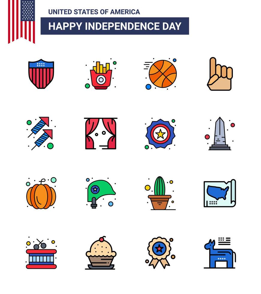 USA oberoende dag platt fylld linje uppsättning av 16 USA piktogram av fyrverkeri firande basketboll amerikan hand redigerbar USA dag vektor design element