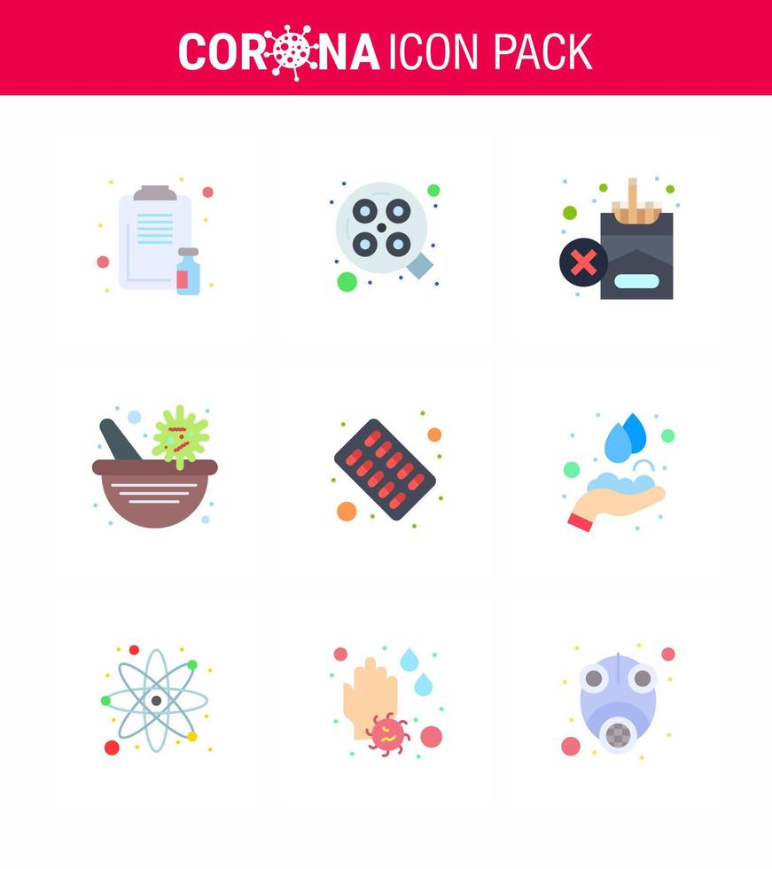 9 flache Farbe Coronavirus Epidemie Icon Pack saugen als Kapsel Apotheke Schüssel chirurgische Apotheke Zigarette virales Coronavirus 2019nov Krankheitsvektor Designelemente vektor