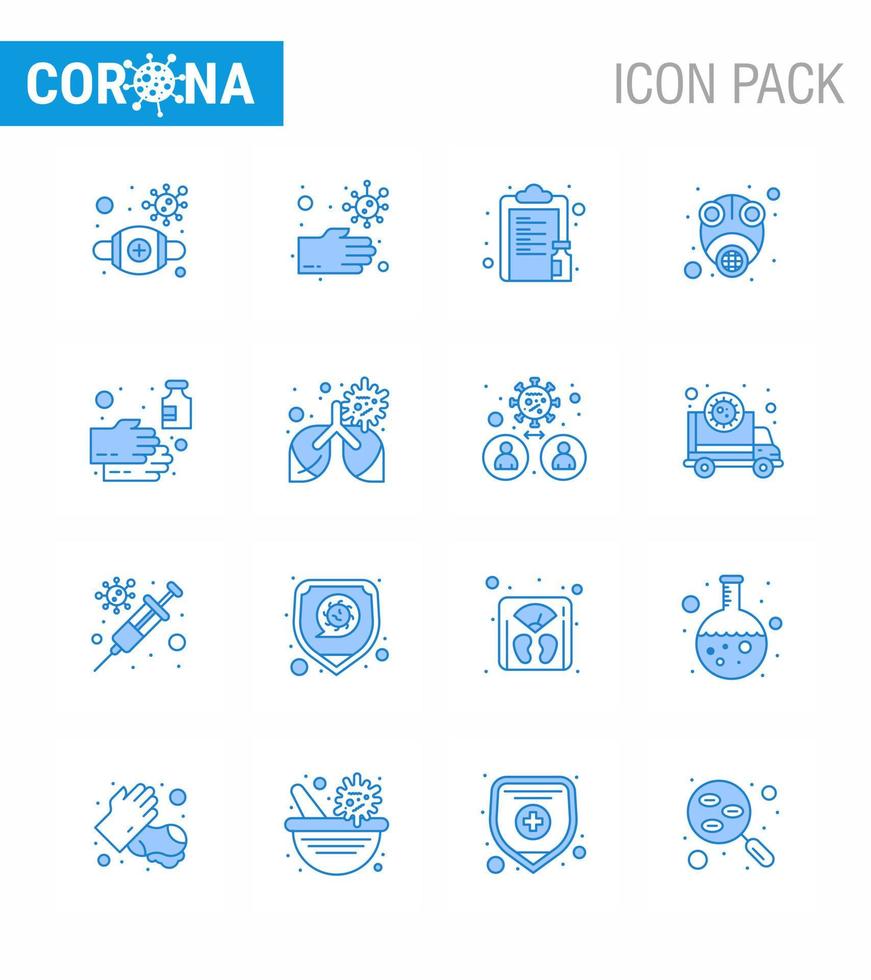 16 blaue Coronavirus-Epidemie-Icon-Pack saugen als Schutzgas ungesunder Epidemie-Impfstoff virales Coronavirus 2019nov-Krankheitsvektor-Designelemente vektor