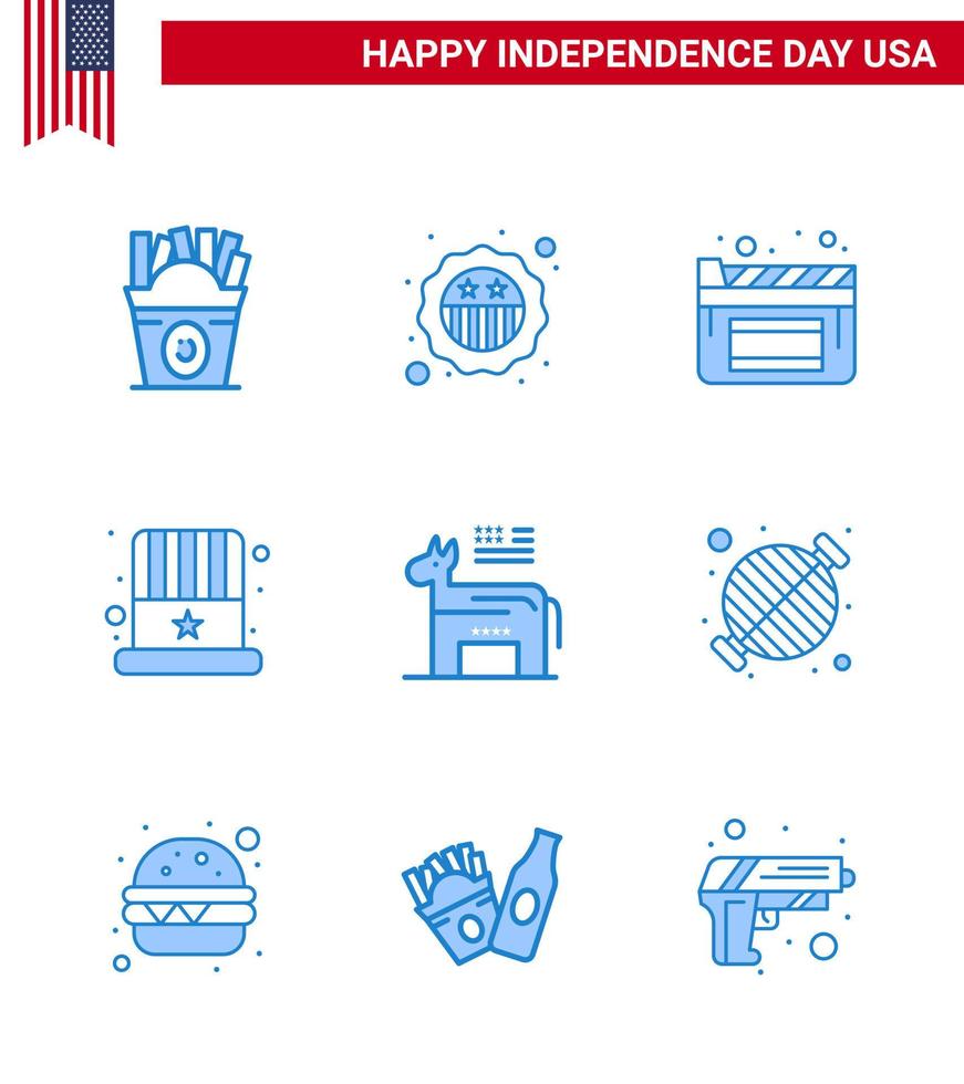 uppsättning av 9 USA dag ikoner amerikan symboler oberoende dag tecken för politisk åsna bio USA keps redigerbar USA dag vektor design element