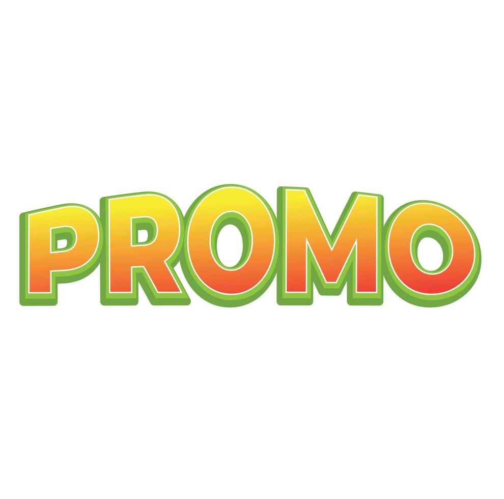 Texteffekt, der Promo in roten und gelben Verlaufsfarben mit grünem Rand liest. geeignet für Marktplatz-Promo-Events, attraktive Preise, Rabatte, Sonderpreise etc. vektor