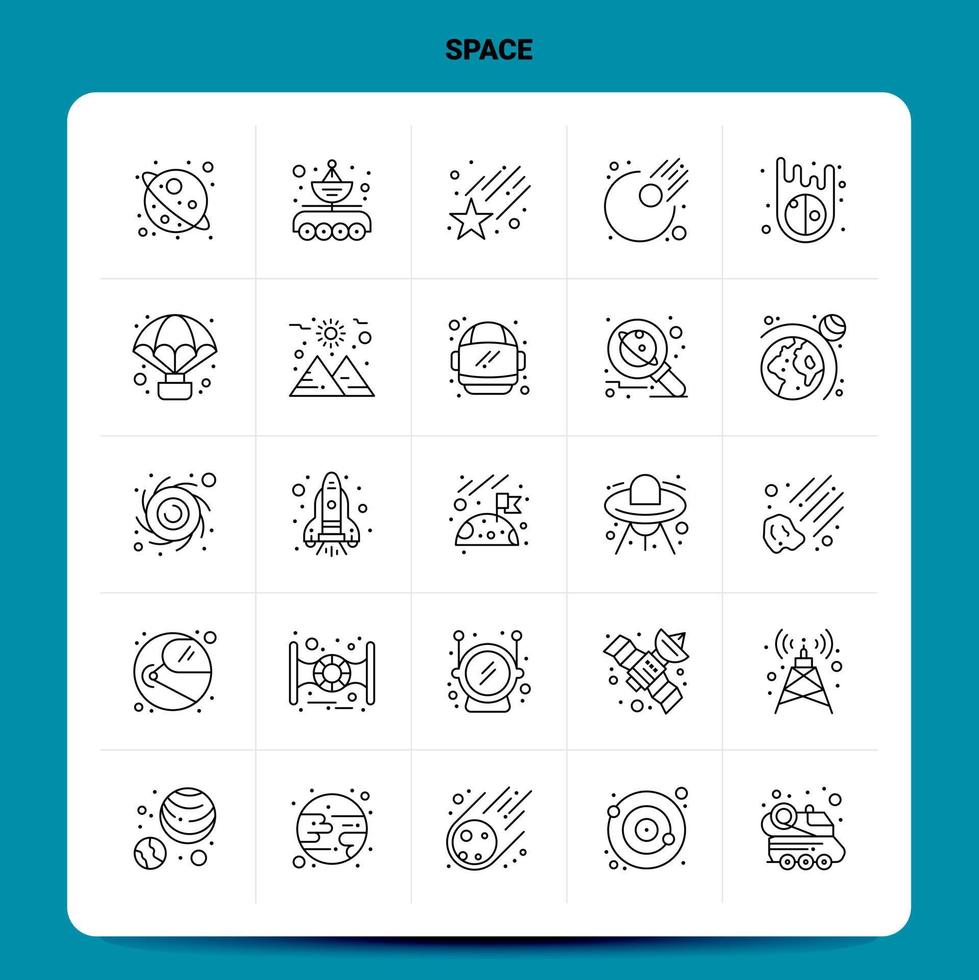 Umriss 25 Space Icon Set Vektor Line Style Design schwarze Icons Set lineare Piktogramm Pack Web und mobile Geschäftsideen Design Vektor Illustration