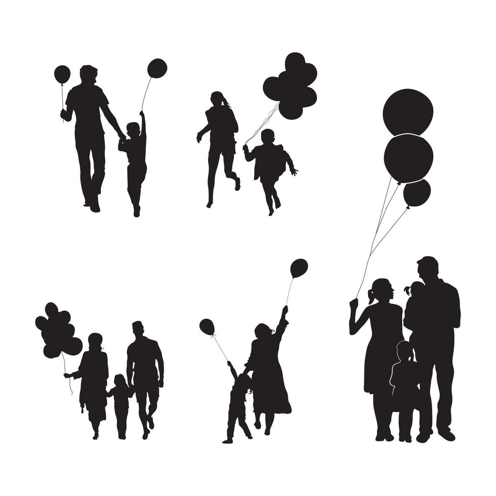 glückliche familie mit luftballons silhouetten, familienbesitz luftballons silhouetten vektor