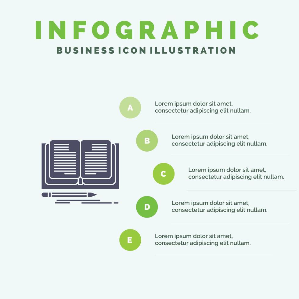 schreiben roman buch geschichte solide symbol infografiken 5 schritte präsentation hintergrund vektor