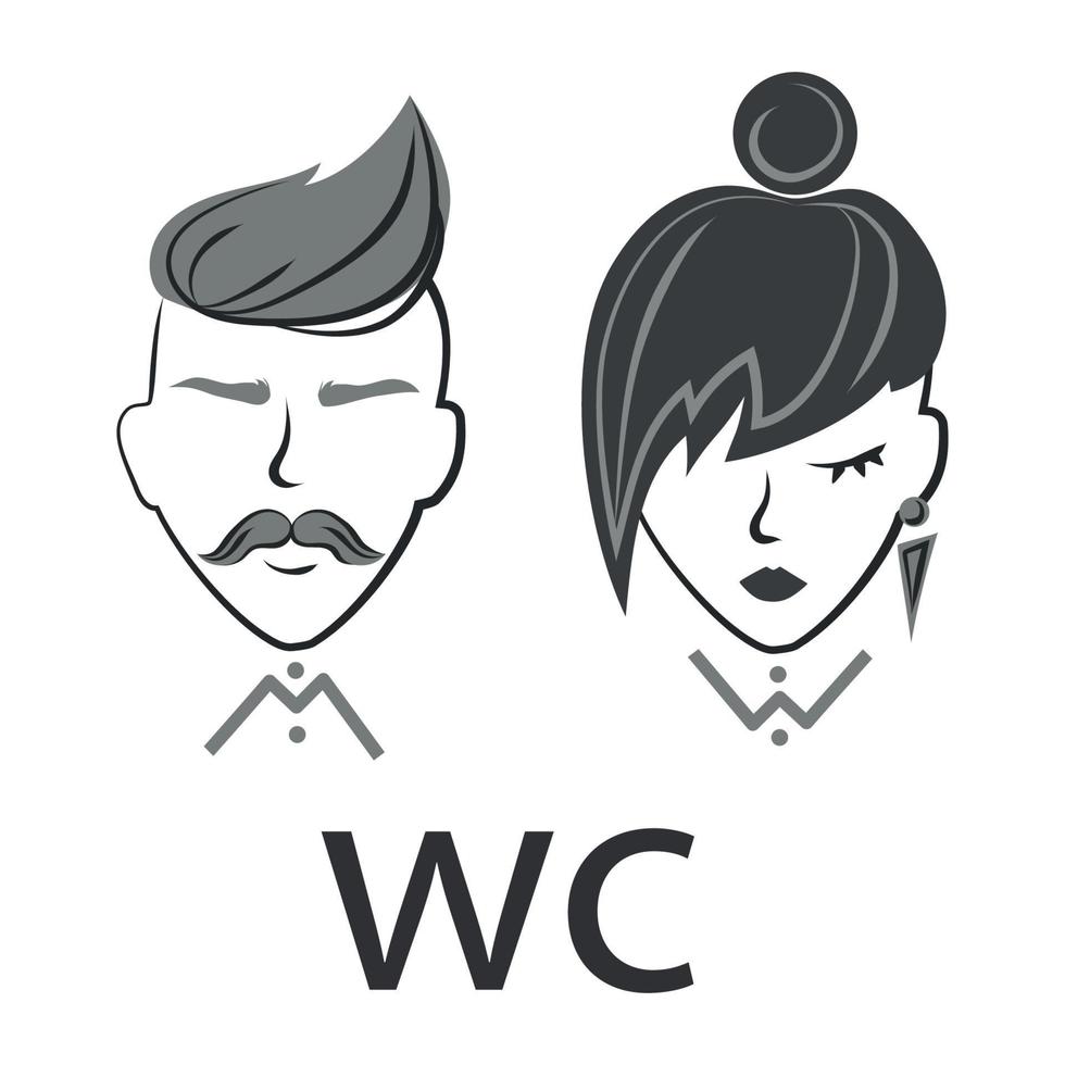 abstraktes gesicht von mann und frau mit stilvollen frisuren minimalistisches kunstdesign, paar hipster stil, profil, friseursalon emblem isoliert illustration.toilettenschild, symbol, logo vektor template.wc zeichen.