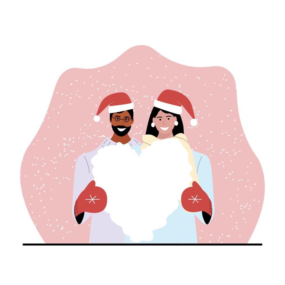 Valentinstag-Grußkarten-Vektordesign. ein paar in weihnachtsmannmützen hält unter schneefall ein herz aus schnee in den händen. Vektor-Illustration vektor