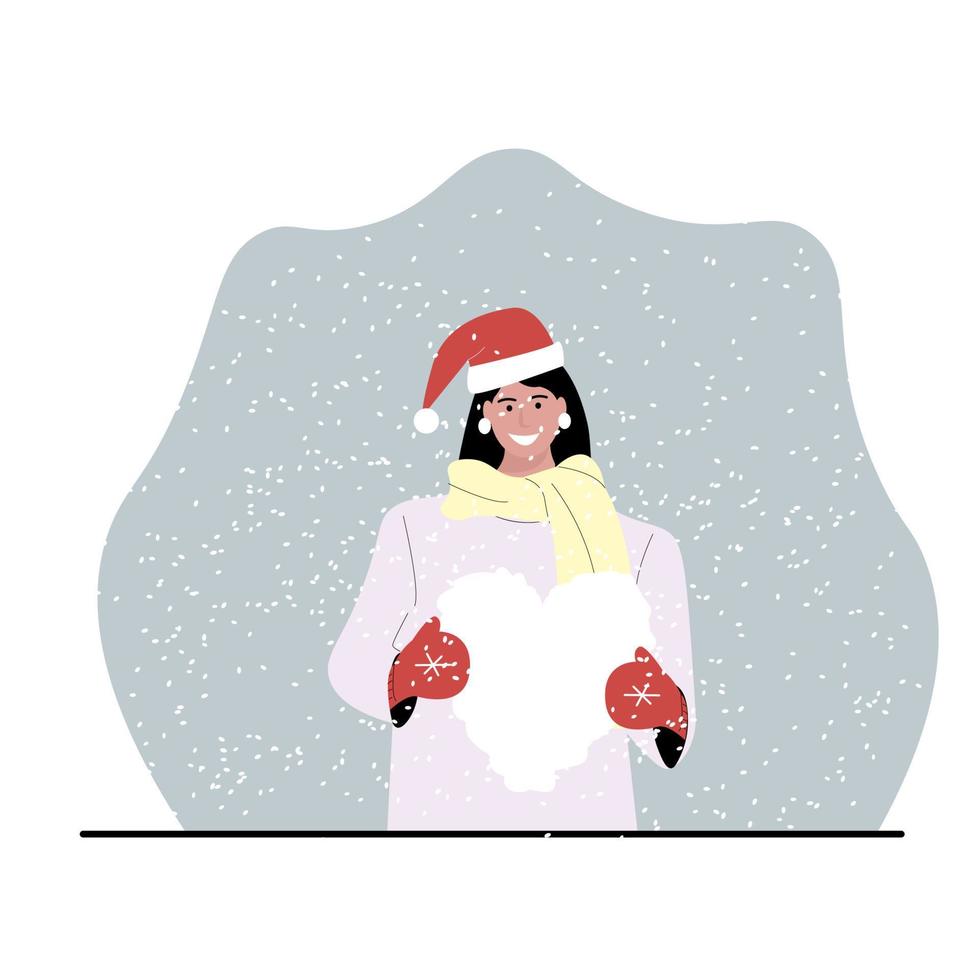 Valentinstag-Grußkarten-Vektordesign. frau in weihnachtsmannmützen hält herz aus schnee in ihren händen unter schneefall. Vektor-Illustration vektor