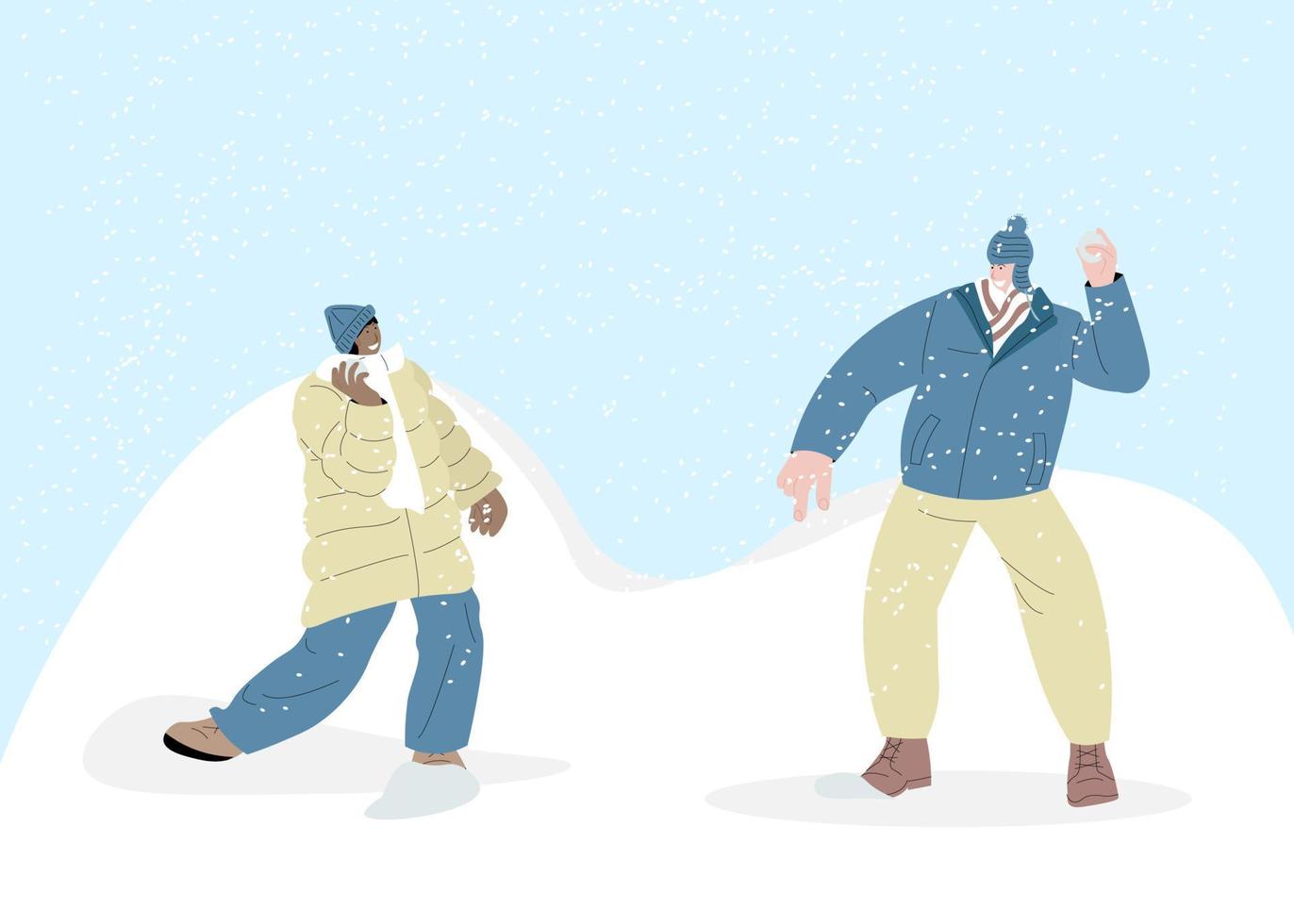 paar leute spielen schneebälle lustiges spiel in der winterschneelandschaft vektorillustration. zeichentrickfiguren, die draußen spielen und frostkaltes wetter genießen. winter gesundes aktivitätskonzept vektor