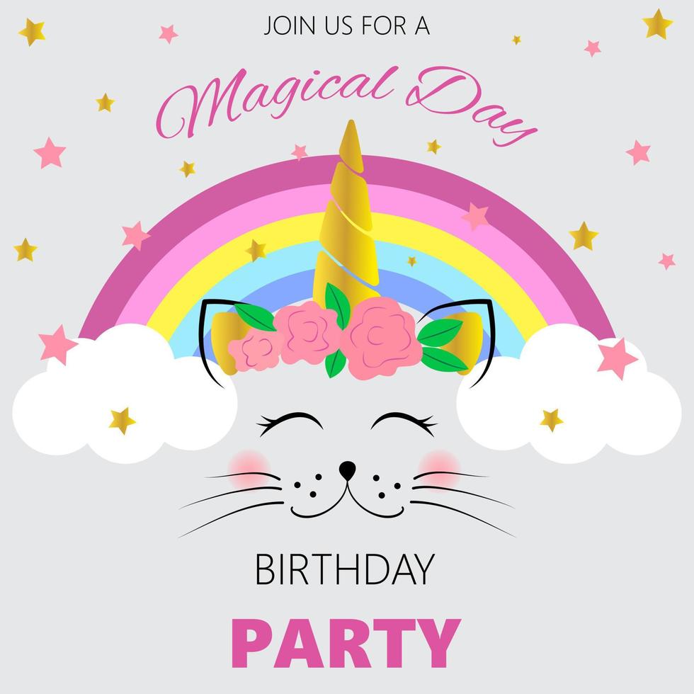 födelsedag inbjudan med enhörning katt. barns födelsedag inbjudan mall. söt enhörning katt. vektor illustration