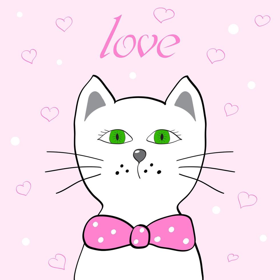 Zeichnen Sie Vektorillustration weiße Katze mit rosa Hintergrund und Wortliebe für Valentinstag. Doodle-Cartoon-Stil vektor