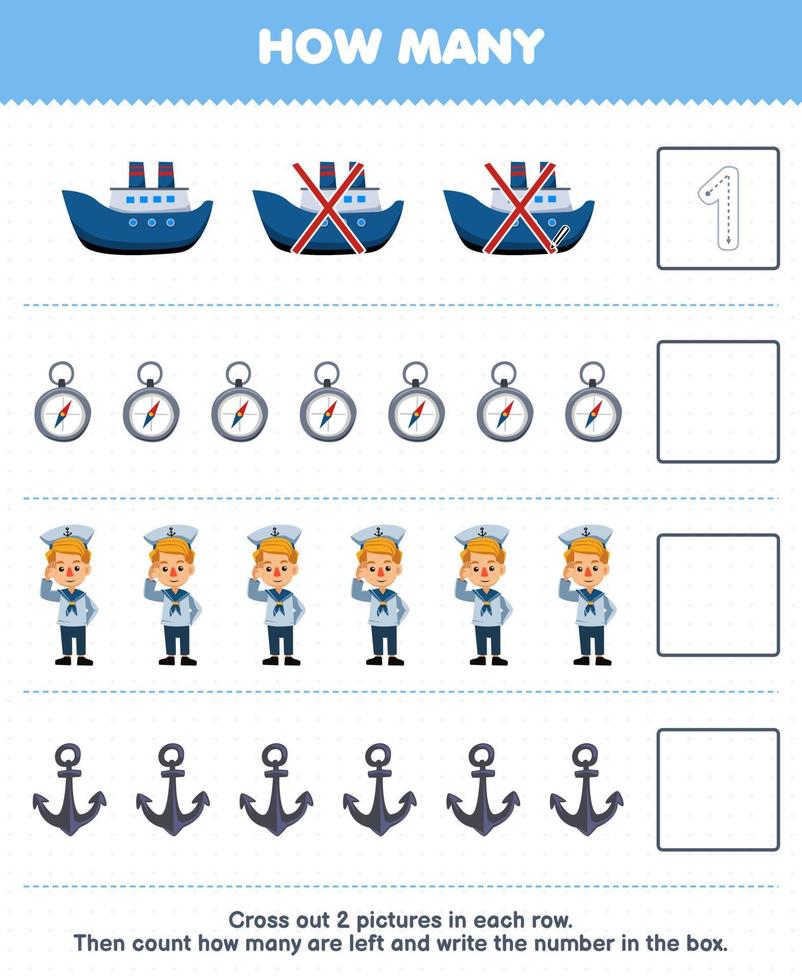Bildungsspiel für Kinder Zählen Sie, wie viele niedliche Cartoon-Schiffskompass-Seemannanker und schreiben Sie die Zahl in das ausdruckbare Berufsarbeitsblatt vektor