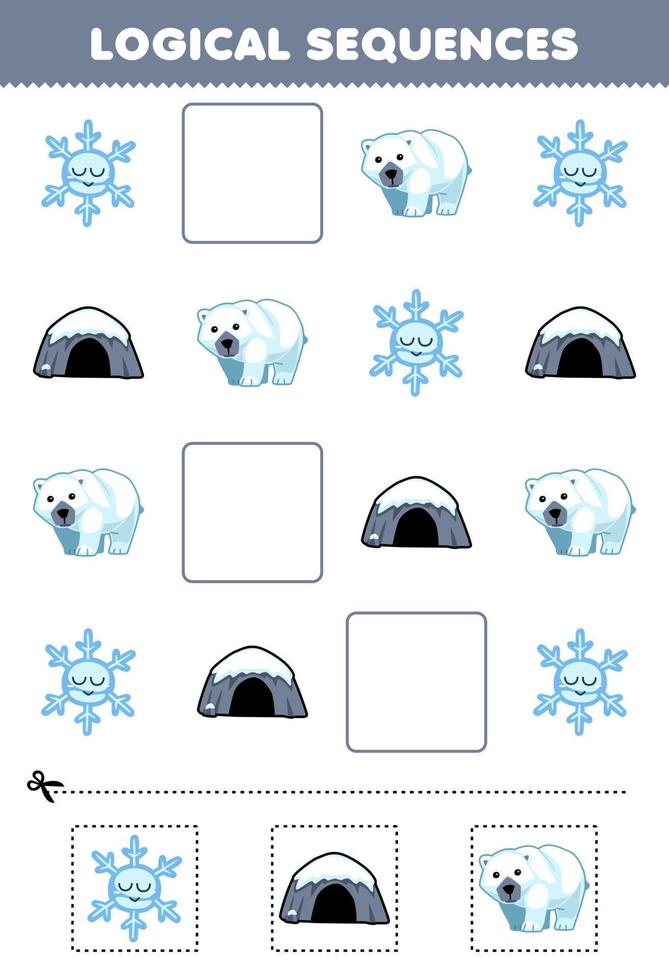 utbildning spel för barn logisk sekvenser för barn med söt tecknad serie snöflinga Björn håla tryckbar vinter- kalkylblad vektor