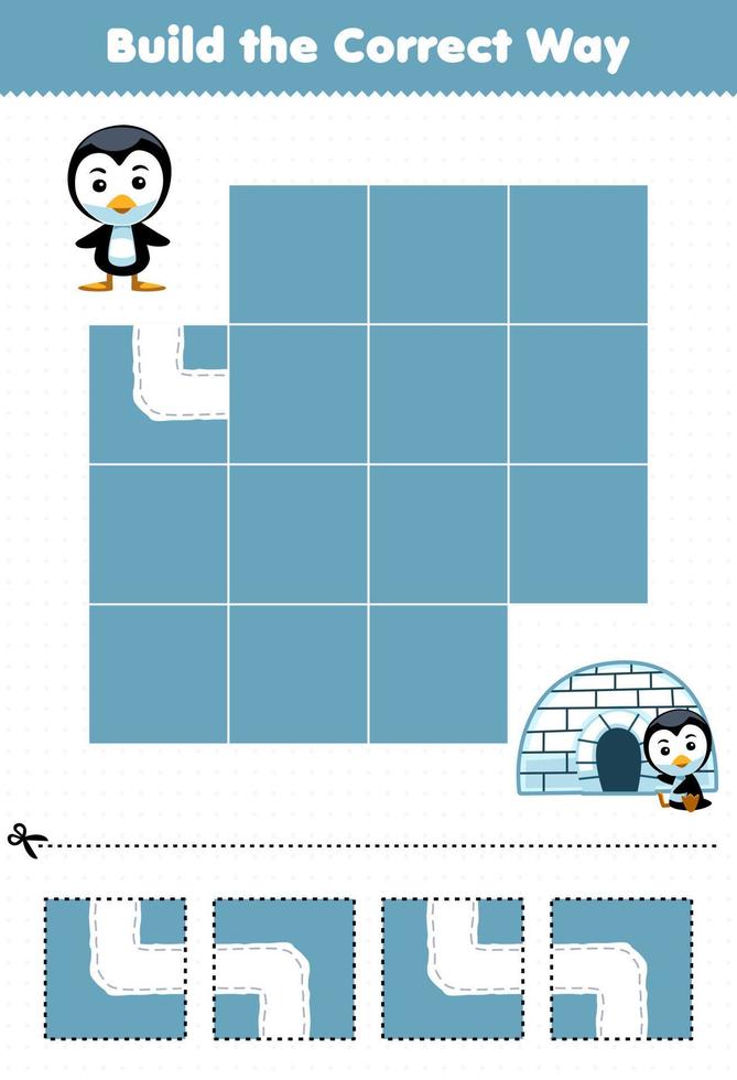 Bildungsspiel für Kinder Bauen Sie den richtigen Weg. Helfen Sie dem niedlichen Cartoon-Pinguin, sich in ein Iglu zu bewegen vektor