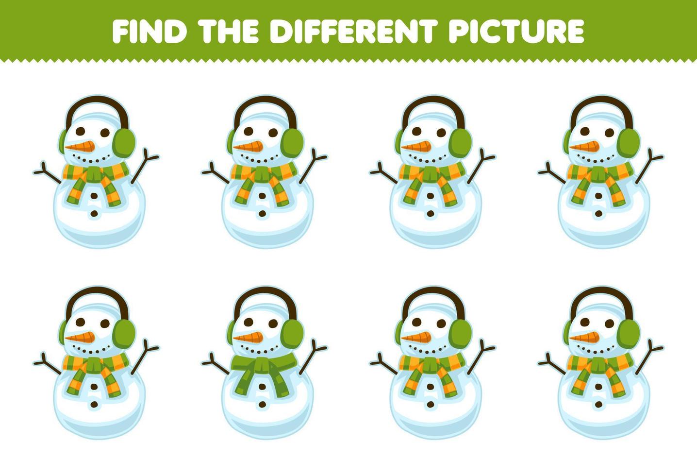Lernspiel für Kinder Finden Sie das unterschiedliche Bild des druckbaren Winterarbeitsblatts des niedlichen Cartoon-Schneemanns vektor