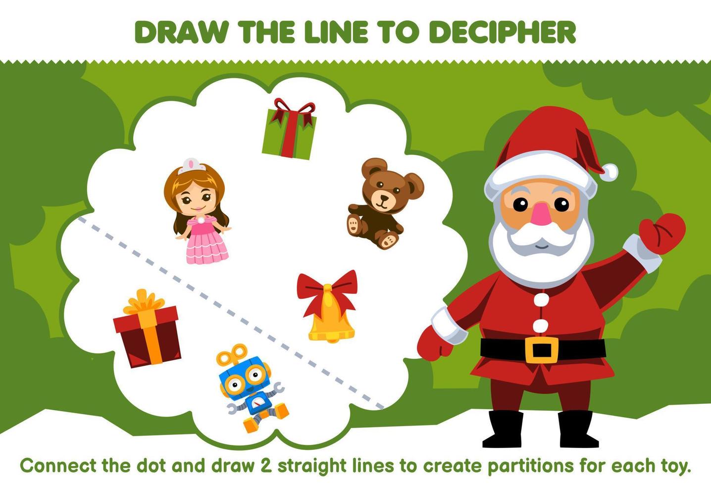 Lernspiel für Kinder Helfen Sie dem Weihnachtsmann, die Linien zu ziehen, um die Spielzeuge zu trennen. Druckbares Winterarbeitsblatt vektor