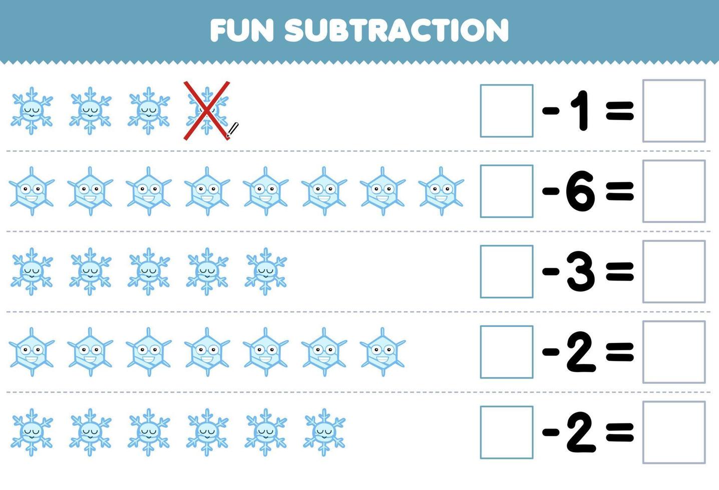 Lernspiel für Kinder Spaßsubtraktion durch Zählen der niedlichen Cartoon-Schneeflocke in jeder Reihe und Eliminieren des druckbaren Winterarbeitsblatts vektor