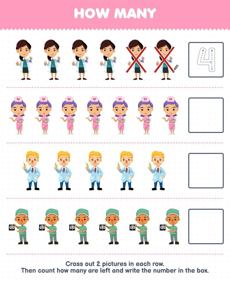 utbildning spel för barn räkna på vilket sätt många söt tecknad serie läkare sjuksköterska och skriva de siffra i de låda tryckbar yrke kalkylblad vektor