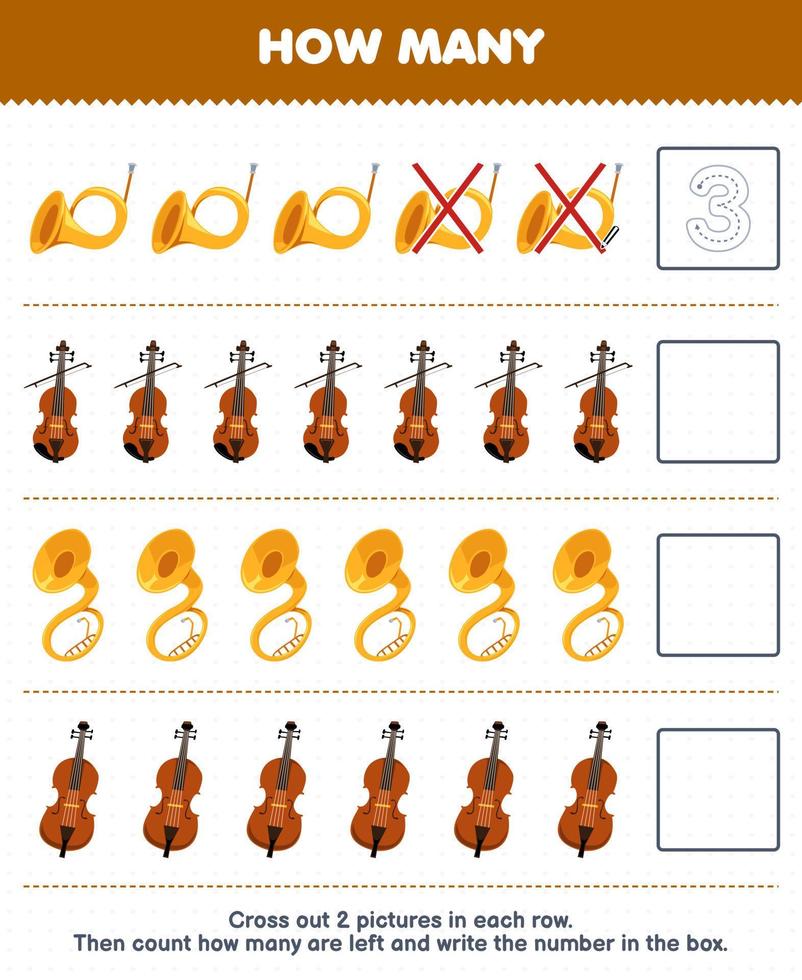 Bildungsspiel für Kinder Zählen Sie, wie viele Cartoon-Sousaphon Violine Horn Cello und schreiben Sie die Zahl in das Feld Musikinstrument-Arbeitsblatt zum Ausdrucken vektor