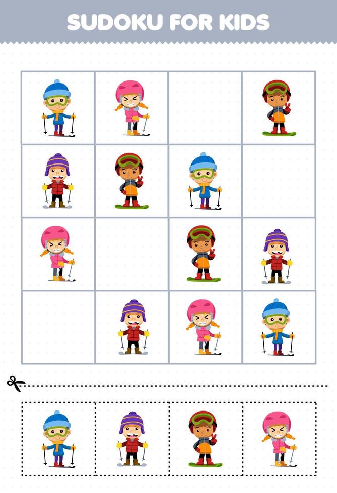 Lernspiel für Kinder Sudoku für Kinder mit niedlichen Cartoon-Jungen und Mädchen, die Ski spielen Winterarbeitsblatt zum Ausdrucken vektor