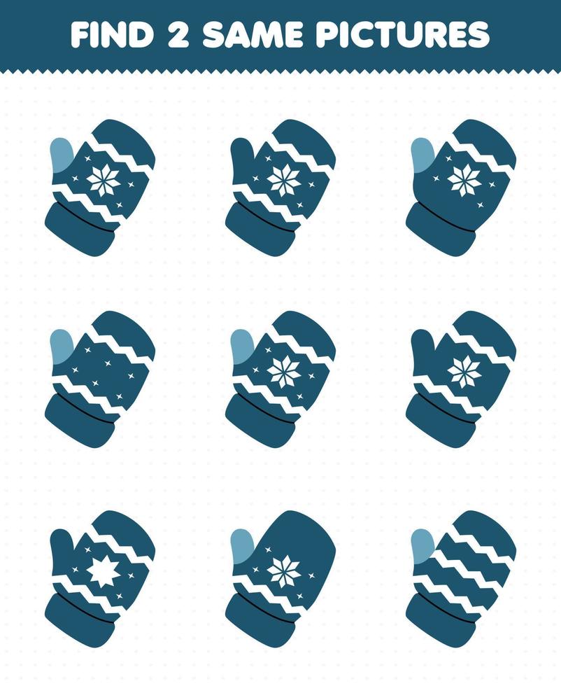 Lernspiel für Kinder Finden Sie zwei gleiche Bilder von niedlichen Cartoon-blauen Fäustlingen zum Ausdrucken Winterarbeitsblatt vektor