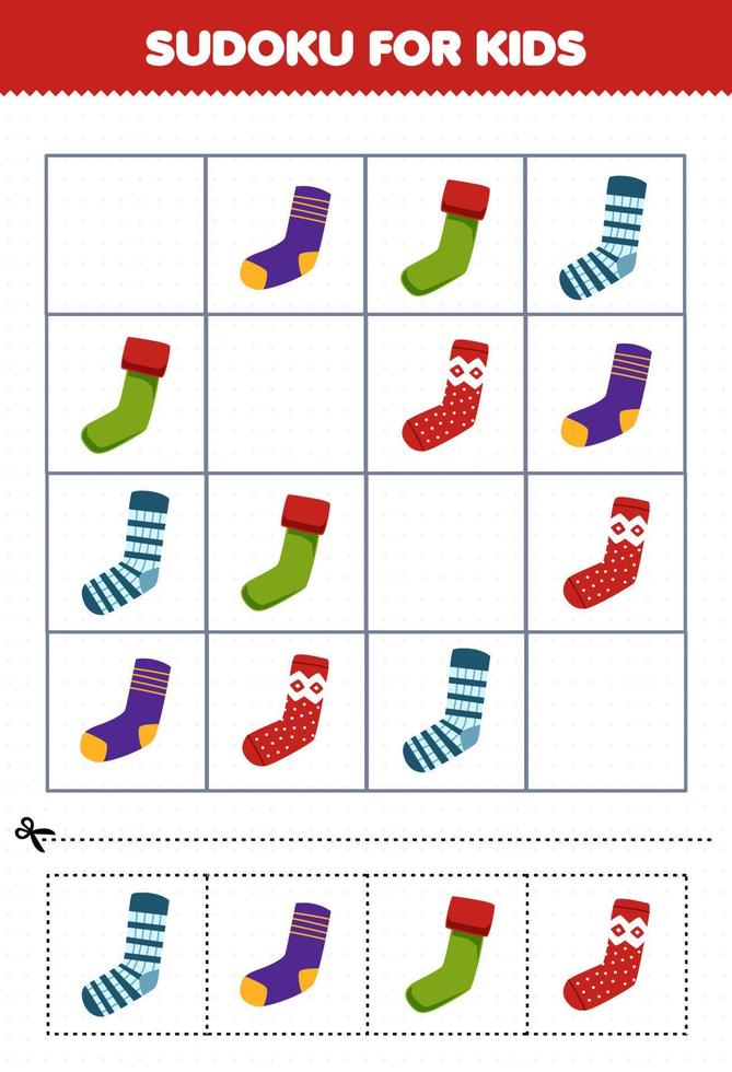 Lernspiel für Kinder Sudoku für Kinder mit niedlichen Cartoon-Socken Winterarbeitsblatt zum Ausdrucken vektor