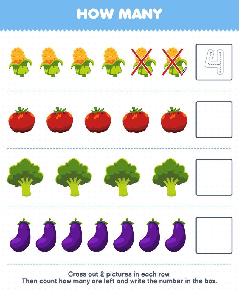 utbildning spel för barn räkna på vilket sätt många tecknad serie majs tomat broccoli äggplanta och skriva de siffra i de låda tryckbar vegetabiliska kalkylblad vektor