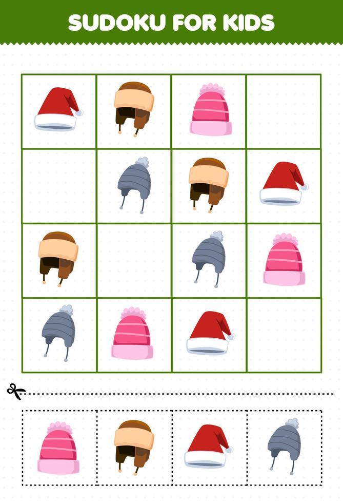 utbildning spel för barn sudoku för barn med söt tecknad serie mössa hatt tryckbar vinter- kalkylblad vektor