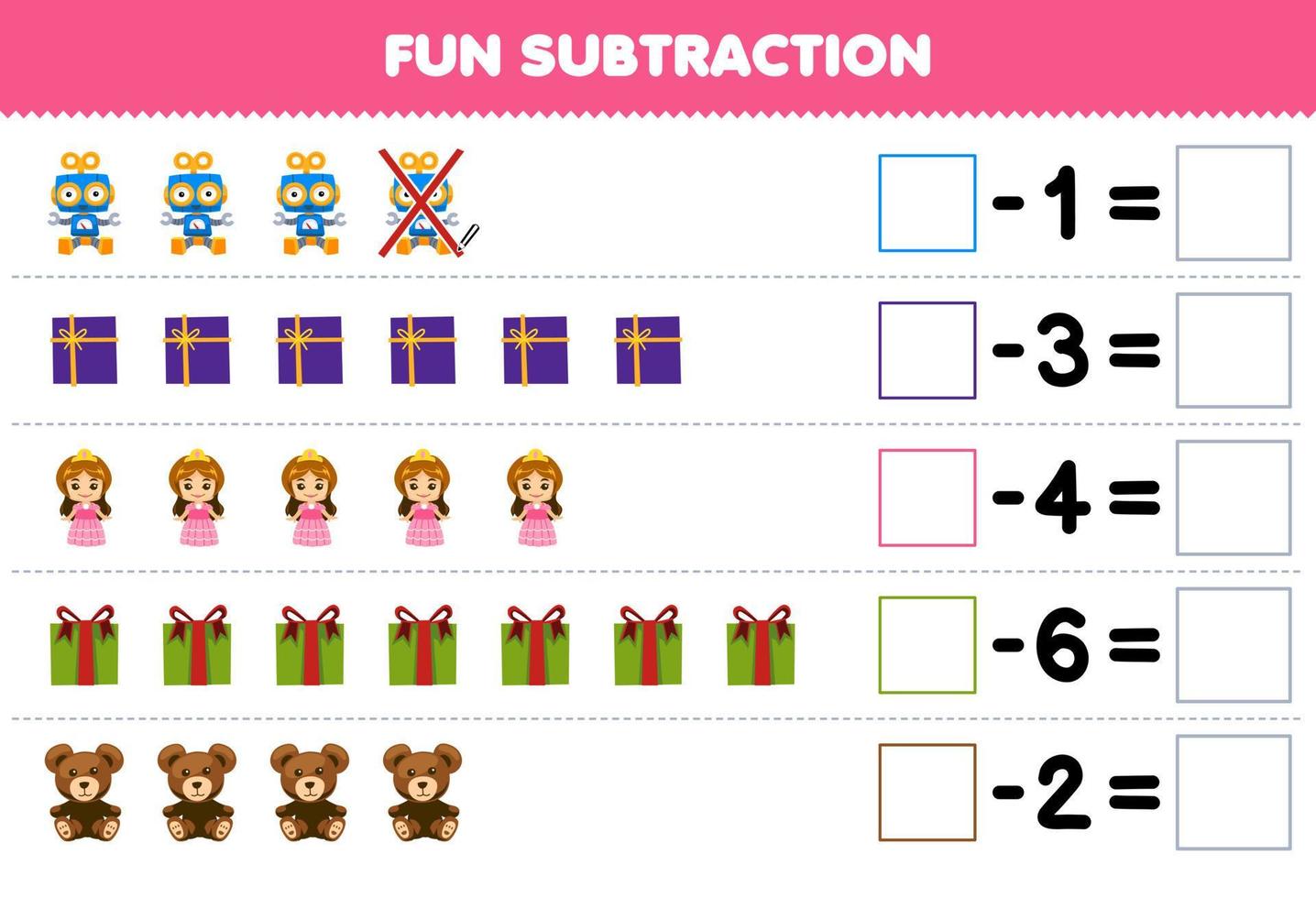 Lernspiel für Kinder Spaßsubtraktion durch Zählen der niedlichen Cartoon-Spielzeug-Geschenkbox in jeder Reihe und Eliminieren des druckbaren Winterarbeitsblatts vektor