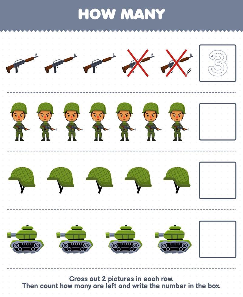 Bildungsspiel für Kinder Zählen Sie, wie viele niedliche Cartoon-Waffensoldaten Helmpanzer und schreiben Sie die Zahl in das ausdruckbare Berufsarbeitsblatt vektor