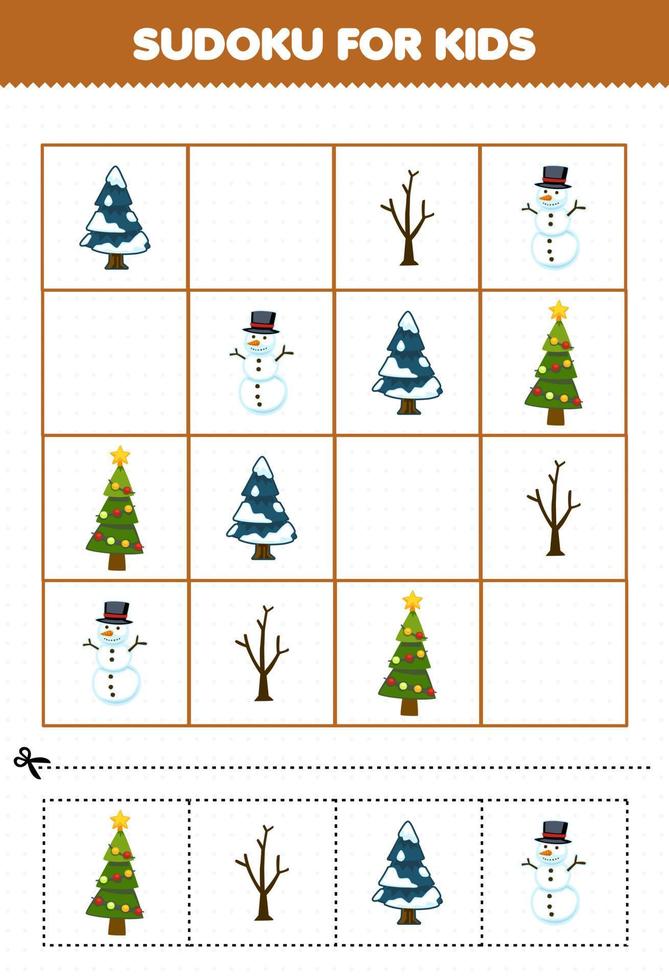 Lernspiel für Kinder Sudoku für Kinder mit niedlichem Cartoon-Weihnachtsbaum-Schneemann zum Ausdrucken Winterarbeitsblatt vektor