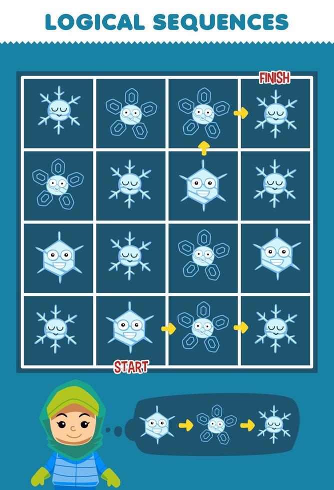 utbildning spel för barn logisk sekvens hjälp flicka sortera snöflinga från Start till Avsluta tryckbar vinter- kalkylblad vektor