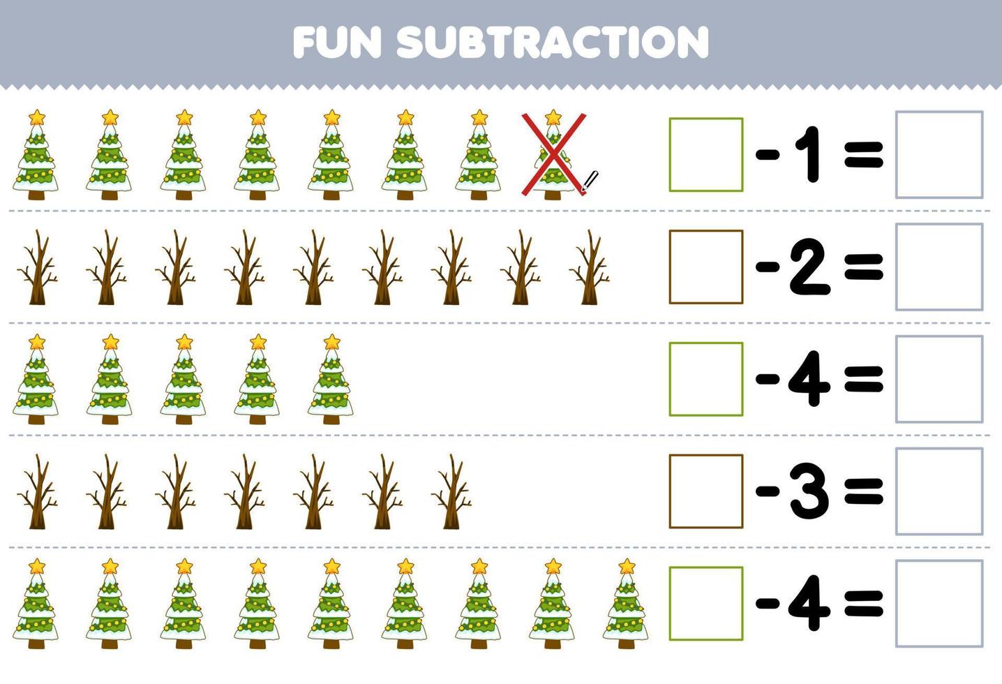 Lernspiel für Kinder Spaßsubtraktion durch Zählen des niedlichen Cartoon-Weihnachtsbaums in jeder Reihe und Eliminieren des druckbaren Winterarbeitsblatts vektor