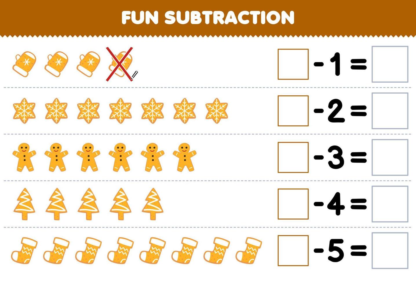 utbildning spel för barn roligt subtraktion förbi räkning söt tecknad serie kaka pepparkaka varje rad och eliminera den tryckbar vinter- kalkylblad vektor