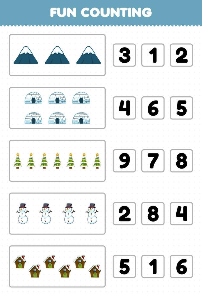 Lernspiel für Kinder Spaß beim Zählen und Auswählen der richtigen Anzahl von niedlichen Cartoon-Berg-Iglu-Baum-Schneemann-Häusern zum Ausdrucken Winterarbeitsblatt vektor