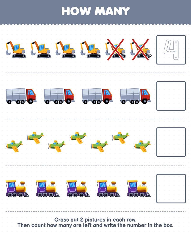 Bildungsspiel für Kinder Zählen Sie, wie viele niedliche Cartoon-Bagger-LKW-Flugzeug-Lokomotiven-Zug und schreiben Sie die Zahl in das druckbare Transport-Arbeitsblatt vektor