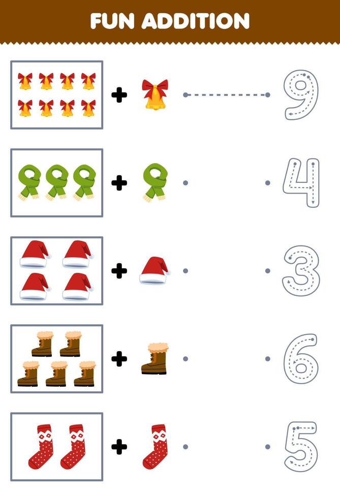 Lernspiel für Kinder Spaß beim Zählen und fügen Sie eine weitere Cartoon-Glocke Schal Hut Stiefel Socke hinzu und wählen Sie dann das Winterarbeitsblatt mit der richtigen Anzahl vektor
