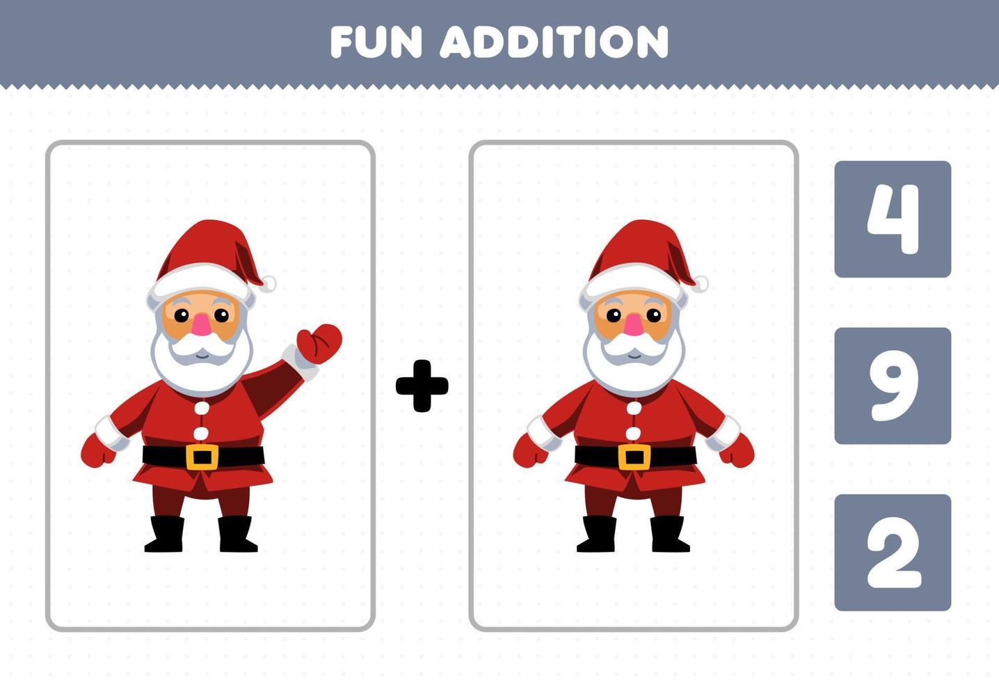 bildungsspiel für kinder lustiges addieren durch zählen und wählen sie die richtige antwort des niedlichen cartoon-weihnachtsmann-druckbaren winterarbeitsblatts vektor
