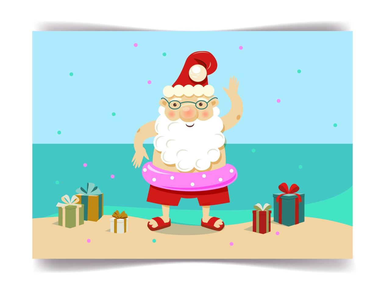weihnachtsmann in shorts und mit einem schwimmkreis am strand mit geschenken. sommerweihnachts- und neujahrskonzept. vektor