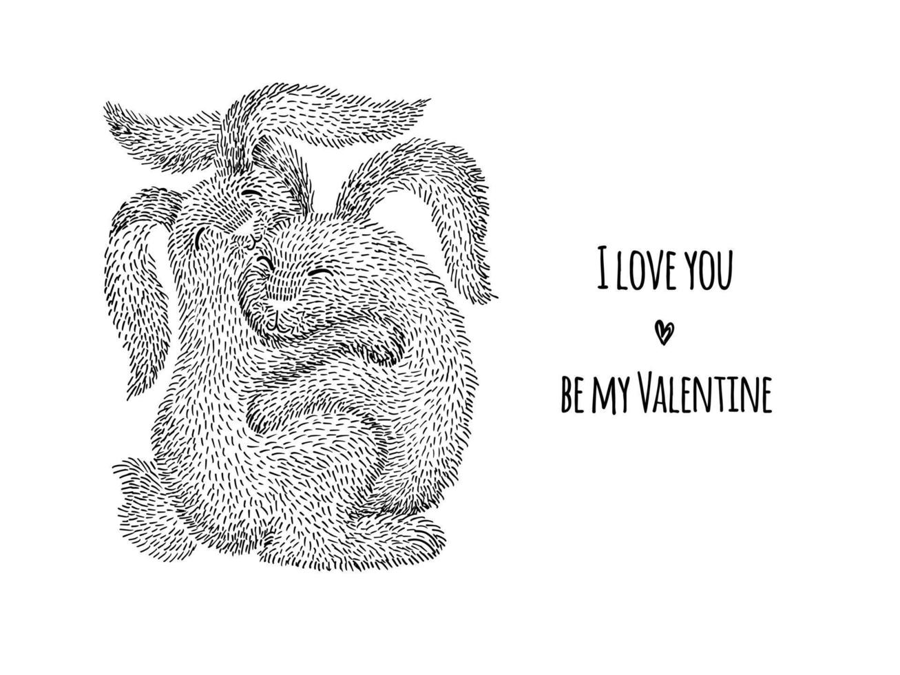 Zwei Hasen umarmen sich mit ihren Pfoten. eine sanfte Umarmung. postkarte, plakat zum valentinstag. vektor