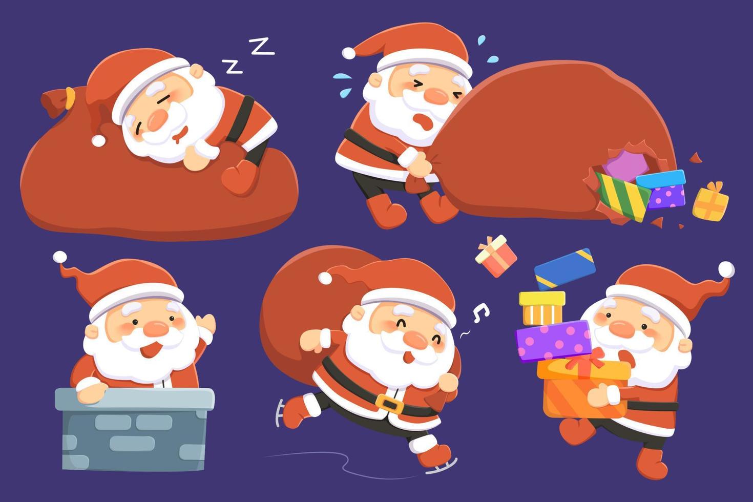 weihnachtsmann-zeichen-design-set. flache illustration der wege, wie der weihnachtsmann geschenke isoliert auf dunkelblauem hintergrund liefert vektor