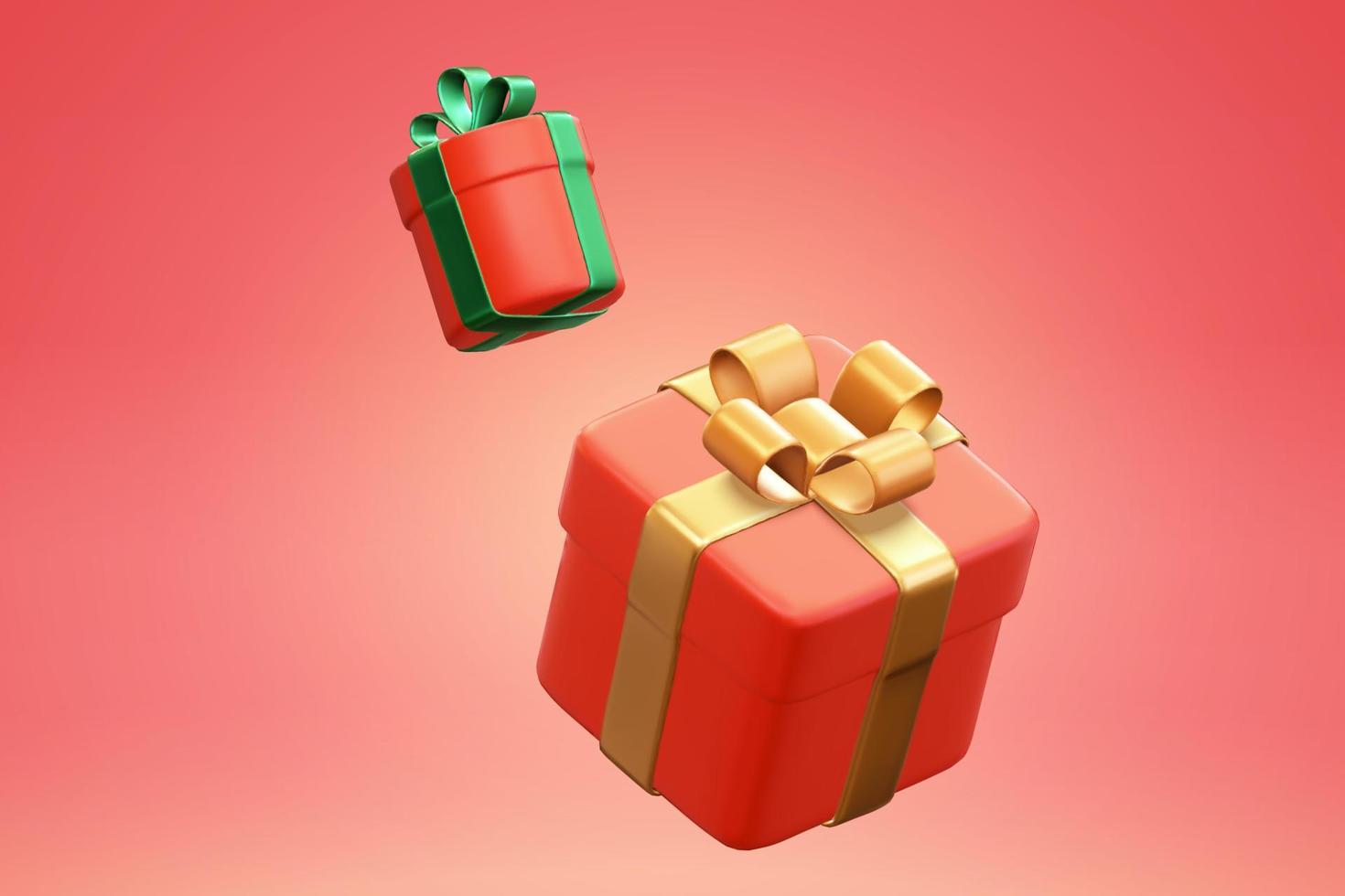 3D-Weihnachtsgeschenkboxen. Illustration von verpackten Geschenken, die auf einem roten Hintergrund schweben vektor