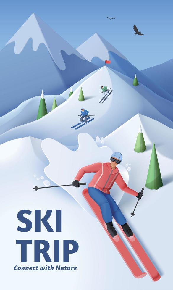 Skiausflug-Plakat. Papierschnitt-Illustration von Amateur-Skifahrern, die auf schneebedeckten Bergen bergab fahren vektor