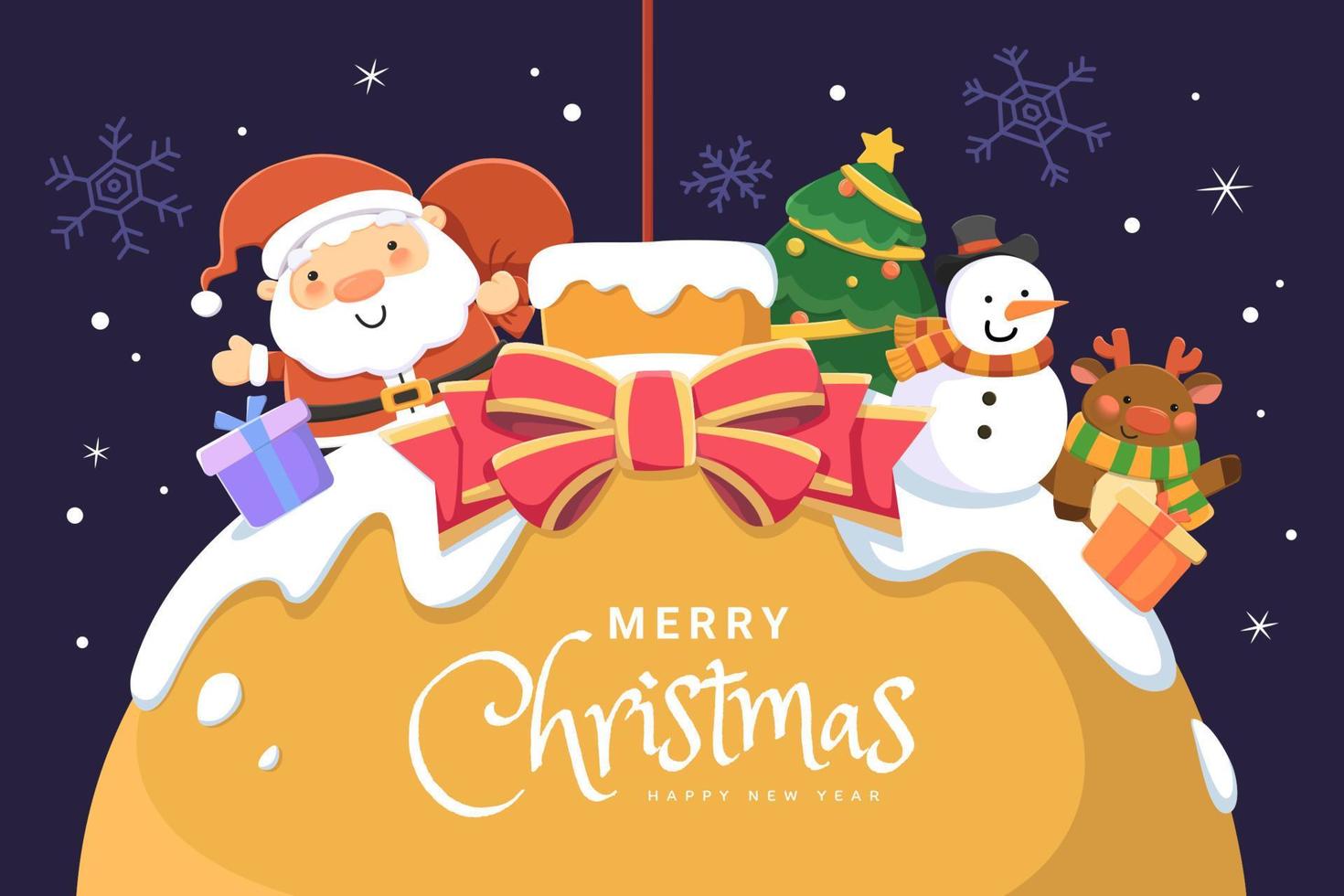 kreatives weihnachtskartendesign. flache illustration des weihnachtsmanns mit seinen festlichen partnern auf einer riesigen schneebedeckten hängenden kugel auf dunkelblauem hintergrund vektor
