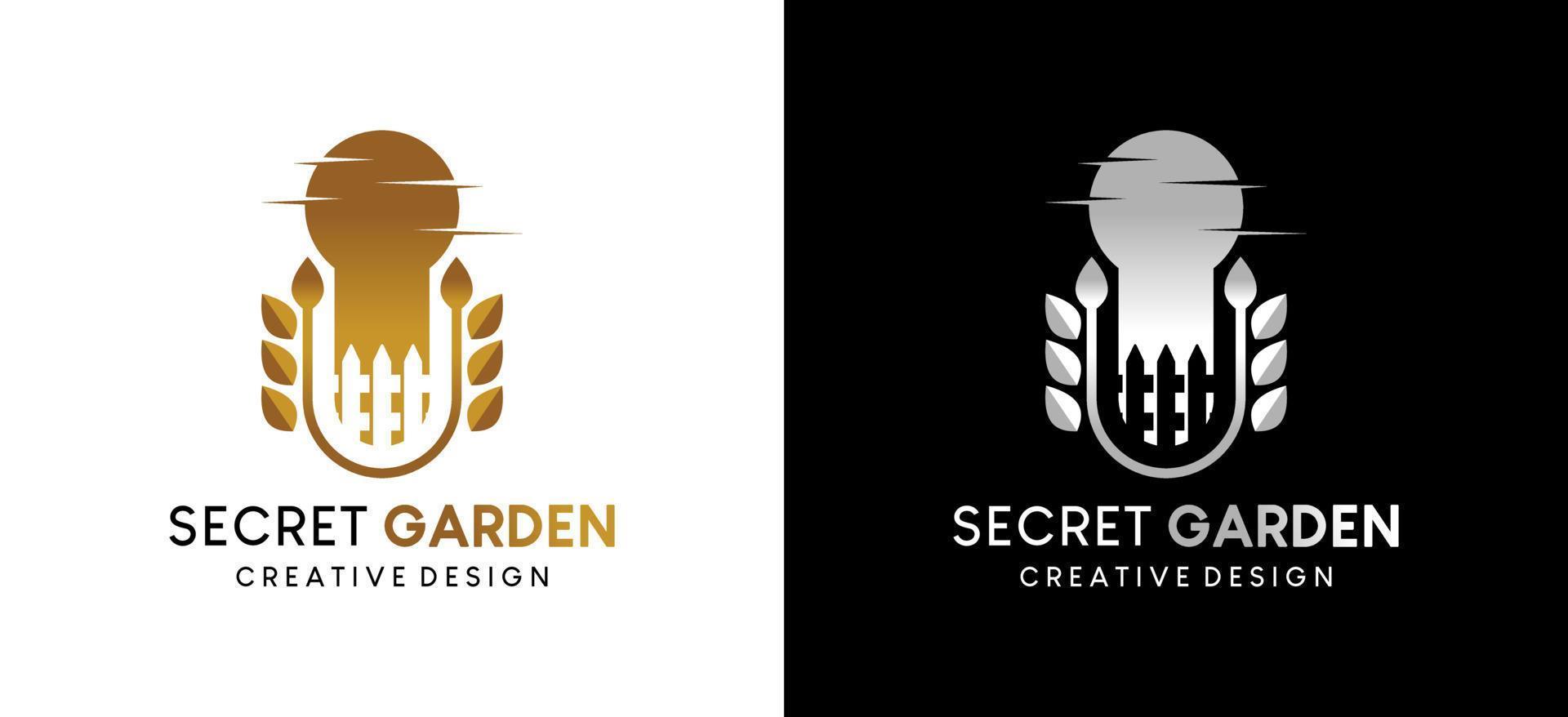 hemlighet trädgård logotyp design med kreativ begrepp, vektor illustration